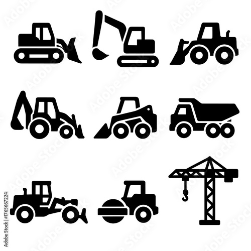 Construction equipment silhouette icon set. featuring excavator, bulldozer, crane, loader, and roller symbols