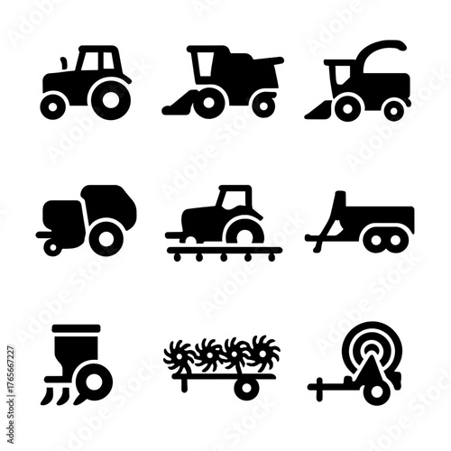 Agriculture equipment silhouette icon set. featuring tractor, harvester, baler, spreader, and plow symbols