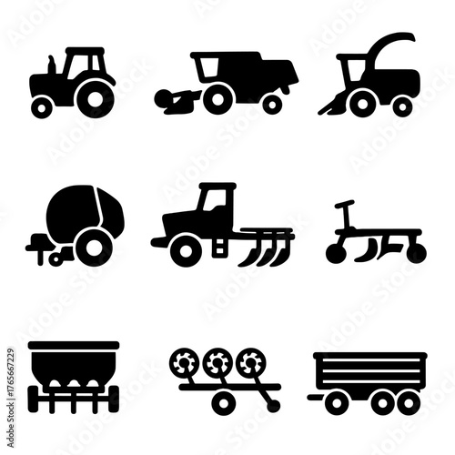Agriculture equipment silhouette icons set. featuring tractor, harvester, plow, and trailer symbols