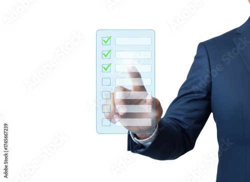 Business professional engaging with digital checklist in modern office setting interactive technology environment focused perspective