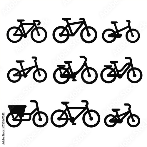 Bicycle silhouette icon set. featuring road, mountain, tandem, electric, folding, cargo, bmx, cruiser, touring, and city bikes