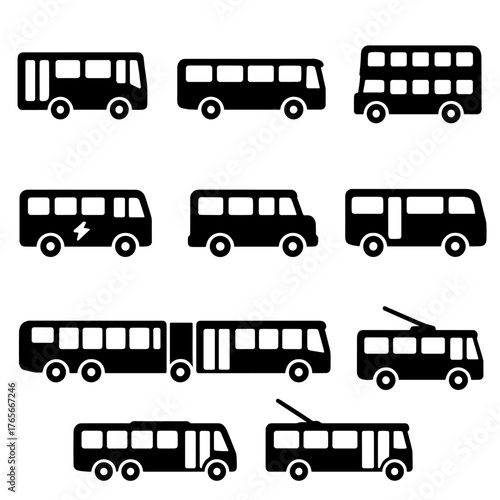 Transportation silhouette icon set. featuring bus, double-decker, trolleybus, shuttle, coach, and minibus symbols