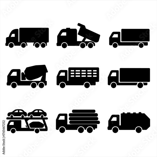 Transportation silhouette icon set. featuring truck, dump, delivery, mixer, cargo, flatbed, timber, car carrier, garbage