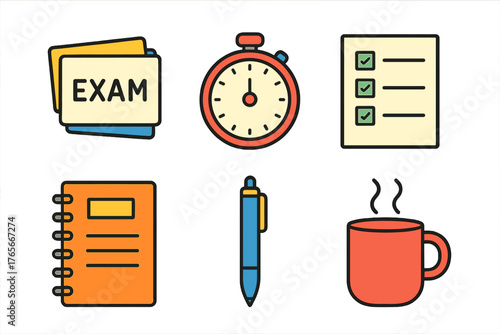 Set of essential icons for academic testing, study preparation, and time management