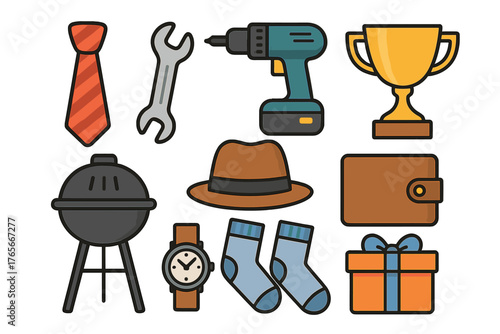 Collection of essential items and accessories for men including tools clothing and gifts