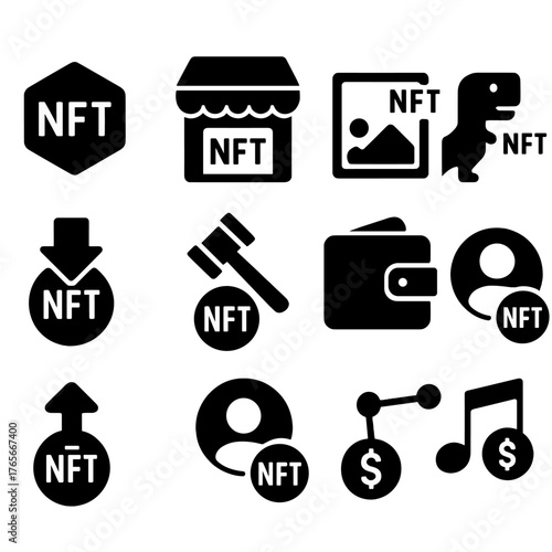Cryptocurrency nft silhouette icons set. featuring wallet, dinosaur, download, auction, upload, statistics, music symbols
