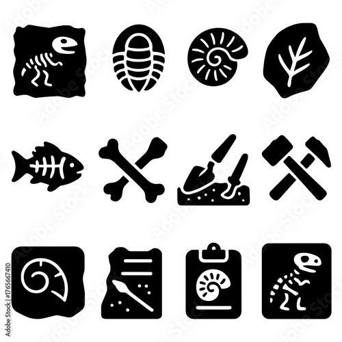 Paleontology silhouette icon set. featuring fossil, trilobite, ammonite, leaf, fish, bones, tools, hammer symbols