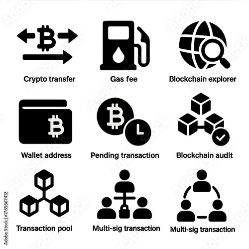 Cryptocurrency silhouette icon set. featuring crypto transfer, gas fee, blockchain explorer, wallet address, and more