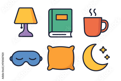 Set of bedtime and sleep routine symbols including lamp, book, hot drink, mask, pillow, and moon