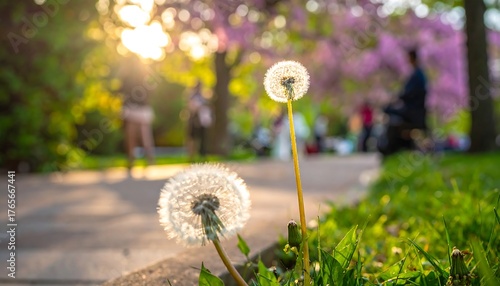 Dandelions bask in sunlight, parkgoers stroll, with blurred cherry blossoms adding spring vibrancy to the background