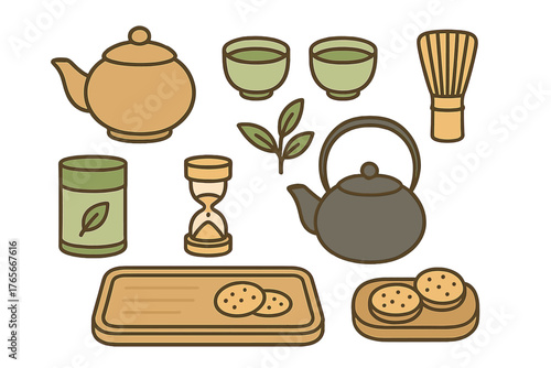 Collection of traditional and modern tea ceremony accessories, utensils, and sweet snacks set