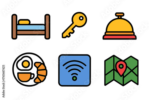 Colorful hotel and travel amenity symbols including room key service bell and Wi-Fi
