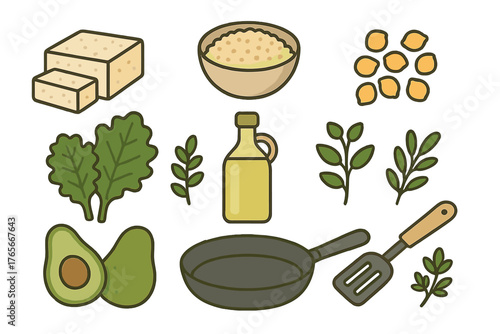 Healthy cooking ingredients and kitchen tools including tofu, avocado, oil, and frying pan