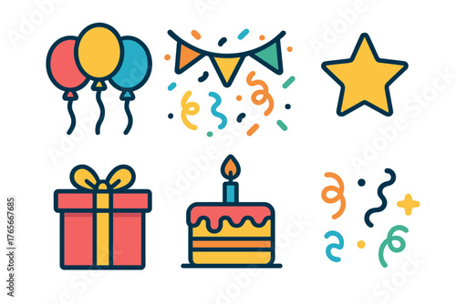 Colorful celebration and party elements including balloons, cake, gift box, and confetti