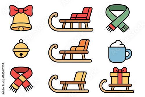 Colorful winter holiday and Christmas season elements including sleighs, bells, scarves, and hot drinks