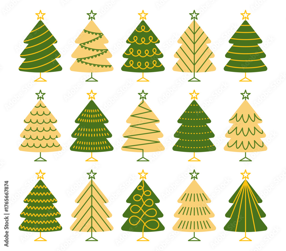 Obraz premium Set of 15 minimal line-style Christmas trees in green and yellow tones. Perfect for modern holiday cards, wrapping paper, wall art, and clean festive designs.
