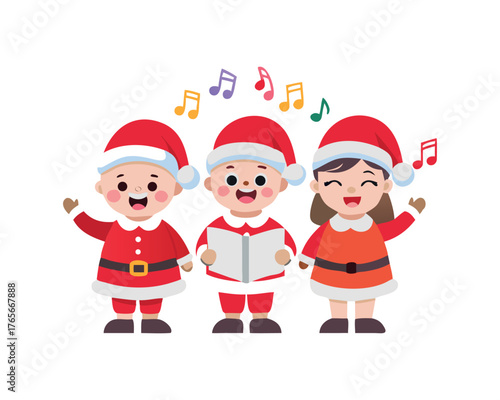 Children in Santa Costumes Singing Carols with Music Notes