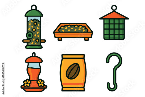 Set of bird feeding equipment icons including seed feeders, nectar dispenser, and suet cage