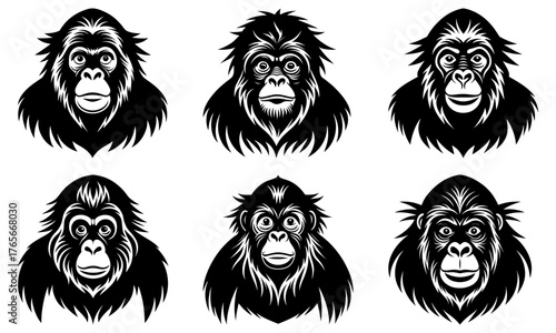 Striking gorilla head collection, powerful primate faces, bold expressive animal portraits, wildlife conservation icons, endangered species awareness emblem