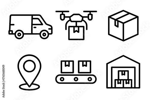 Modern logistics and shipping concepts represented by drone, delivery van, and warehouse storage symbols