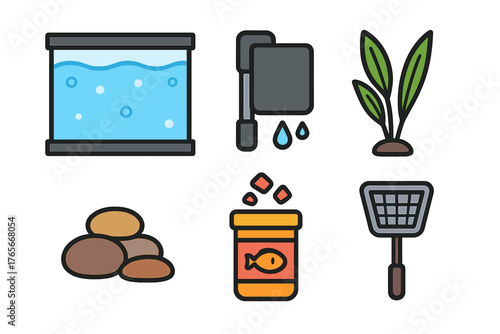 Essential equipment and supplies for fish keeping including tank, filter, food, and net