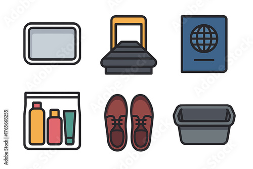 Essential items required for airport security checkpoint screening including passport liquids shoes and tray