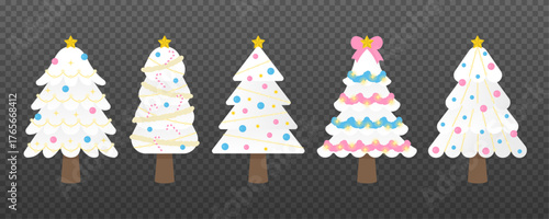 Set of 5 white Christmas trees decorated with pastel blue, pink, and yellow ornaments. Perfect for dreamy, gentle holiday graphics, web use, print, and children’s illustrations.