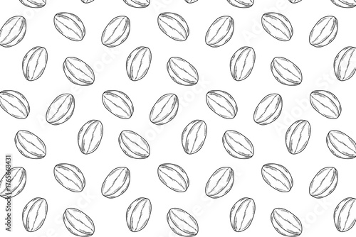 Seamless coffee bean black and white outline pattern on white background