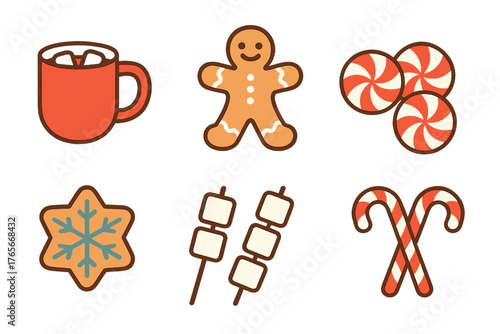 Classic Christmas and winter holiday sweets and beverages set including gingerbread and hot chocolate