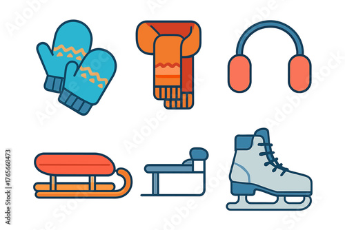Collection of winter accessories and sports equipment including mittens, scarf, earmuffs, sleds, and an ice skate