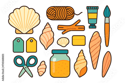 Collection of DIY crafting supplies and seaside objects including seashells yarn paint and tools