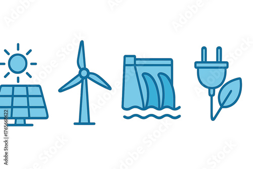 Blue icons set of renewable energy sources: solar panels, wind turbine, hydroelectric dam, electric plug