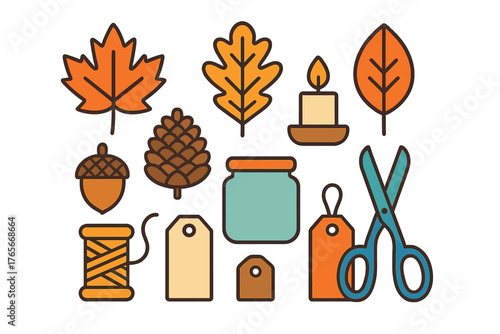 Autumn harvest and crafting elements: leaves, pine cone, acorn, candle, jar, thread, tags, and scissors