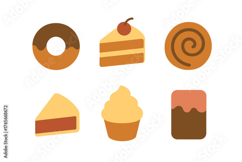 Collection of delicious baked goods and sweet desserts including cake slices, donuts, and cupcakes