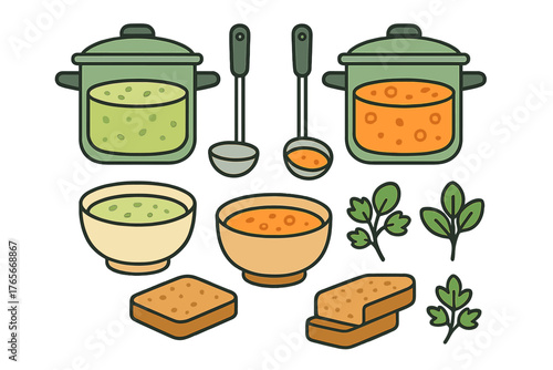 Cooking set with pots of soup, serving bowls, ladles, sliced bread, and fresh parsley sprigs