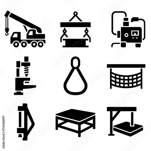 Industrial equipment silhouette icon set. featuring crane, hoist, generator, drill, pulley, net, clamp, platform, and press