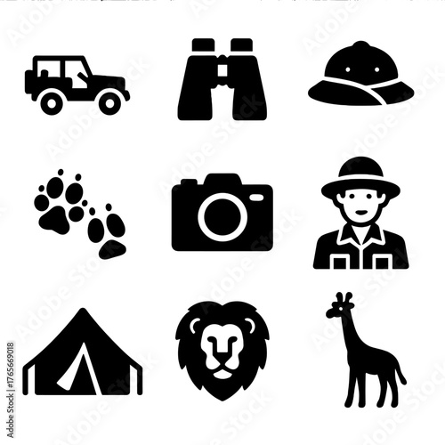 Safari adventure silhouette icons set. featuring jeep, binoculars, hat, pawprints, camera, ranger, tent, lion, giraffe