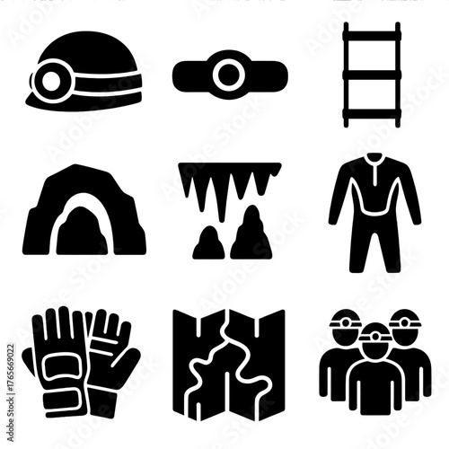 Caving silhouette icon set. featuring helmet, headlamp, ladder, cave, stalactites, wetsuit, gloves, map, team