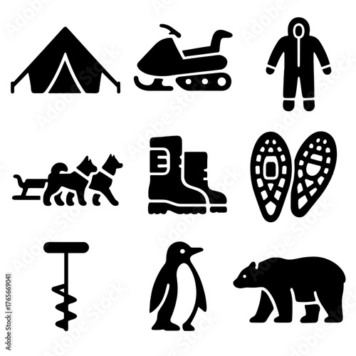 Outdoor adventure silhouette icon set. featuring tent, snowmobile, winter suit, dog sled, boots, snowshoes, corkscrew, penguin, bear