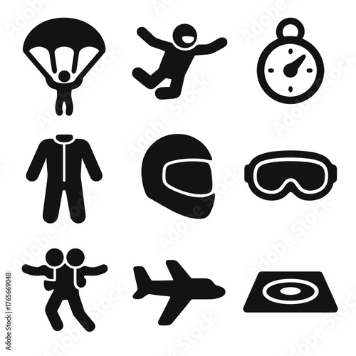 Skydiving silhouette icon set. featuring parachute, freefall, stopwatch, jumpsuit, helmet, goggles, tandem, airplane, landing