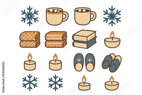Cozy winter home comfort essentials set featuring hot drinks, lit candles, soft blankets, and stacked books