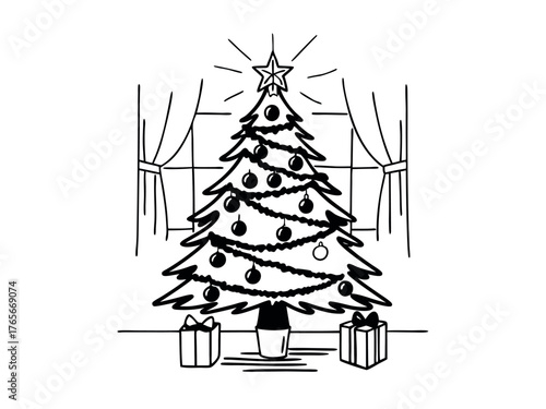 Festive Christmas Tree with Ornaments and Gifts Under Star