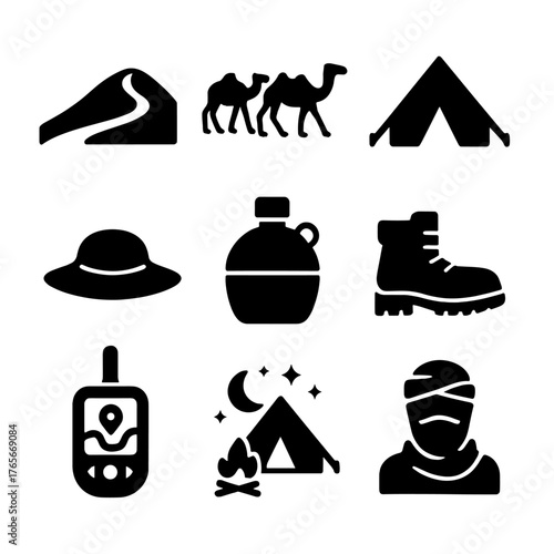 Camping and desert silhouette icon set. featuring tents, camels, boots, hats, canteen, and campfire symbols