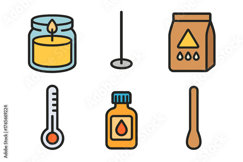 Homemade craft supplies featuring candle, thermometer, essential oil, and wax bag