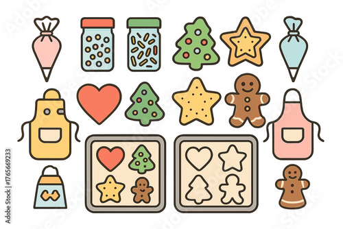 Christmas holiday baking elements set with gingerbread cookies, aprons, icing bags, sprinkles, and cookie cutters