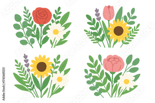 Vibrant set of four spring and summer flower arrangements with rose, tulip, sunflower, and peony blossoms