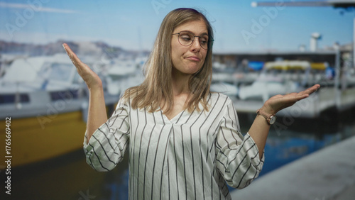 Woman shrugs with both hands open beside a docked boat at a sunny port; uncertainty hesitation doubt.