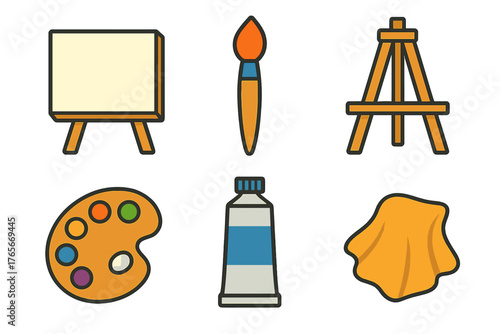 Essential painting equipment set including canvas, easel, paintbrush, color palette, and paint tube