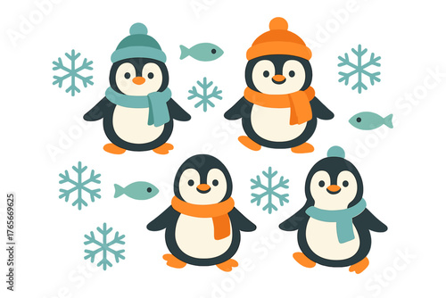 Adorable cartoon penguins wearing colorful winter scarves and hats with snowflakes and fish