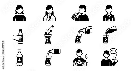 Fotografía Beverage icons showing drinking, pouring, and serving drinks
